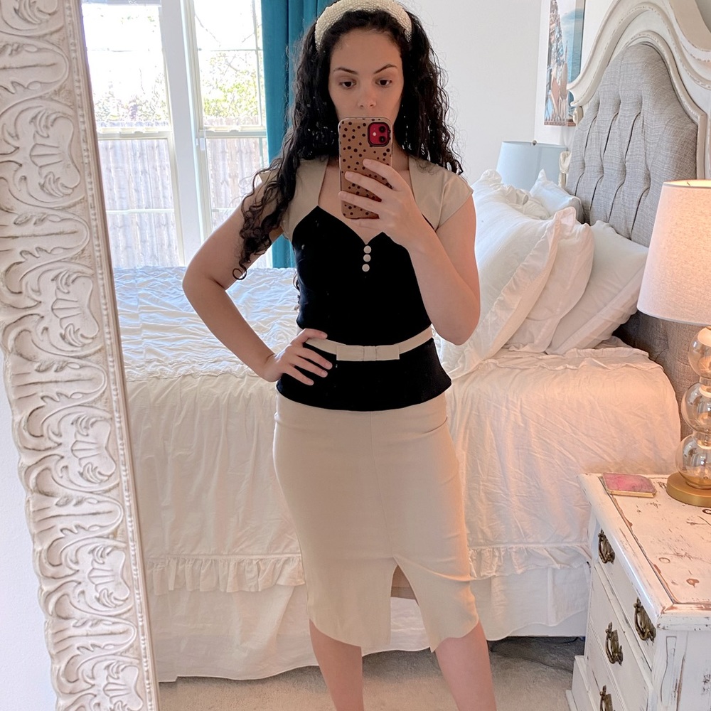 Stop Staring Beige Black Pencil Dress